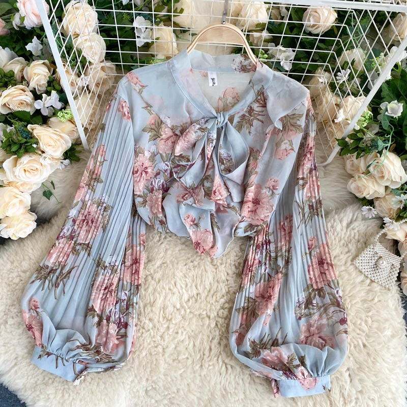 French Retro Girly Age-reducing Blouse Women V-neck Bow Tie Lantern Long-sleeved Pure Printed Western Style Shirt Women