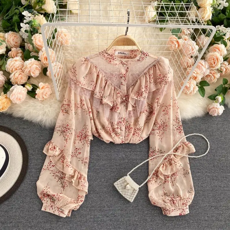 See-through Mesh Ruffled Western-style Puff Sleeve Floral Blouse