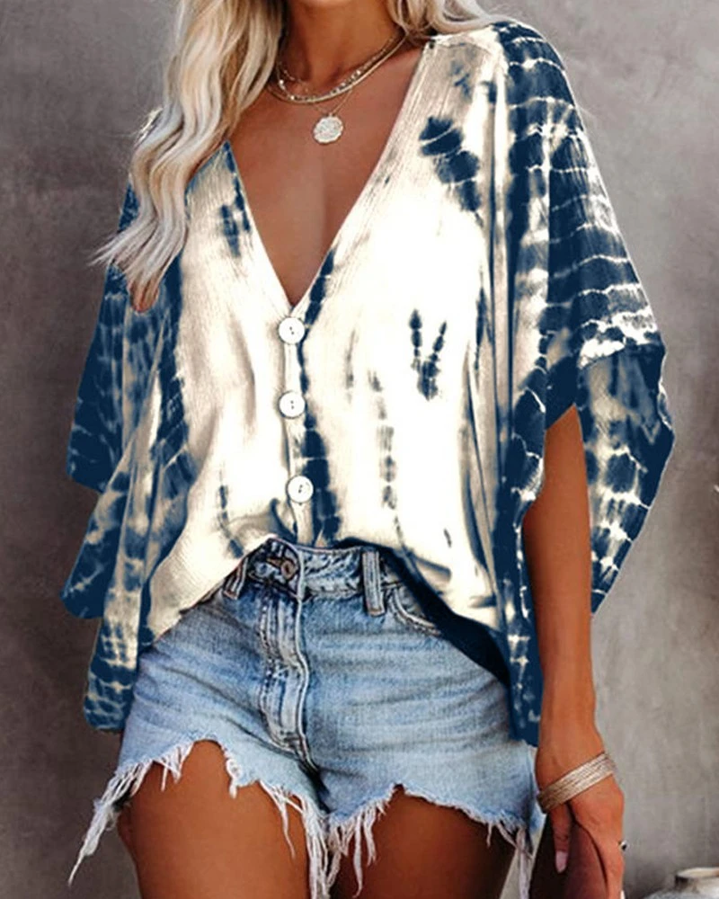 Five-Point Bat Sleeve Tie-Dye Multi-Button Printed Shirt