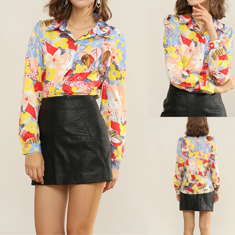 Casual Flower Print Long-sleeved Chiffon Shirt For Women