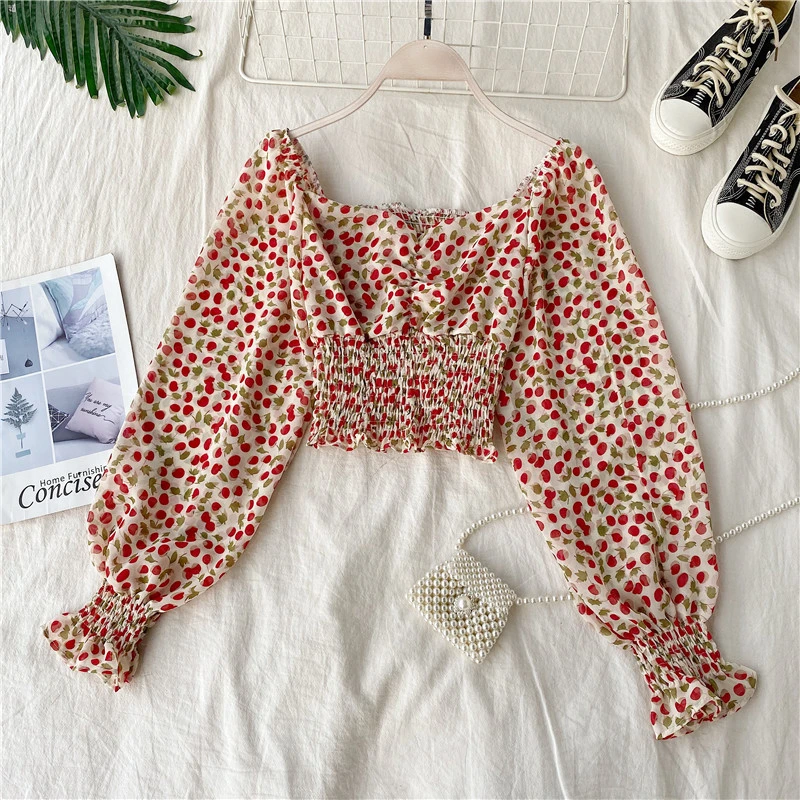 Printed Chiffon Shirt Women's Long-sleeved Slim Short Shirt Top