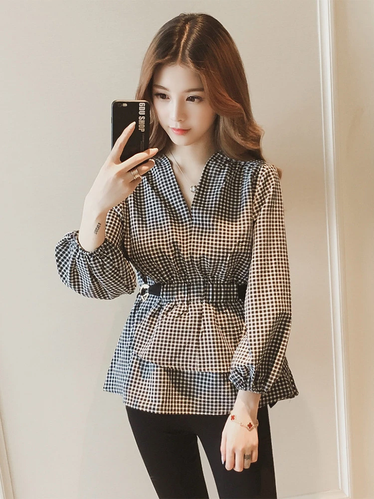 New Style Long-Sleeved Waisted Plaid Shirt Women's V-Neck Jacket Small Shirt Top