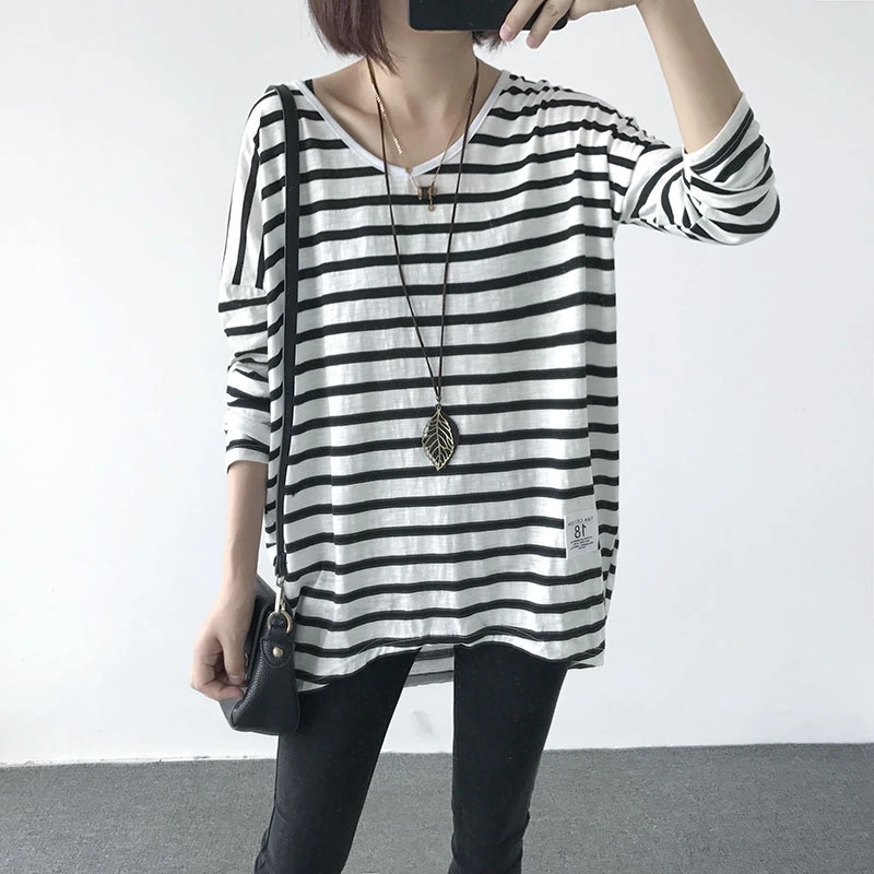 New Loose Mid-Length V-Neck Striped Long-Sleeved Women's T-Shirt Bottoming Shirt