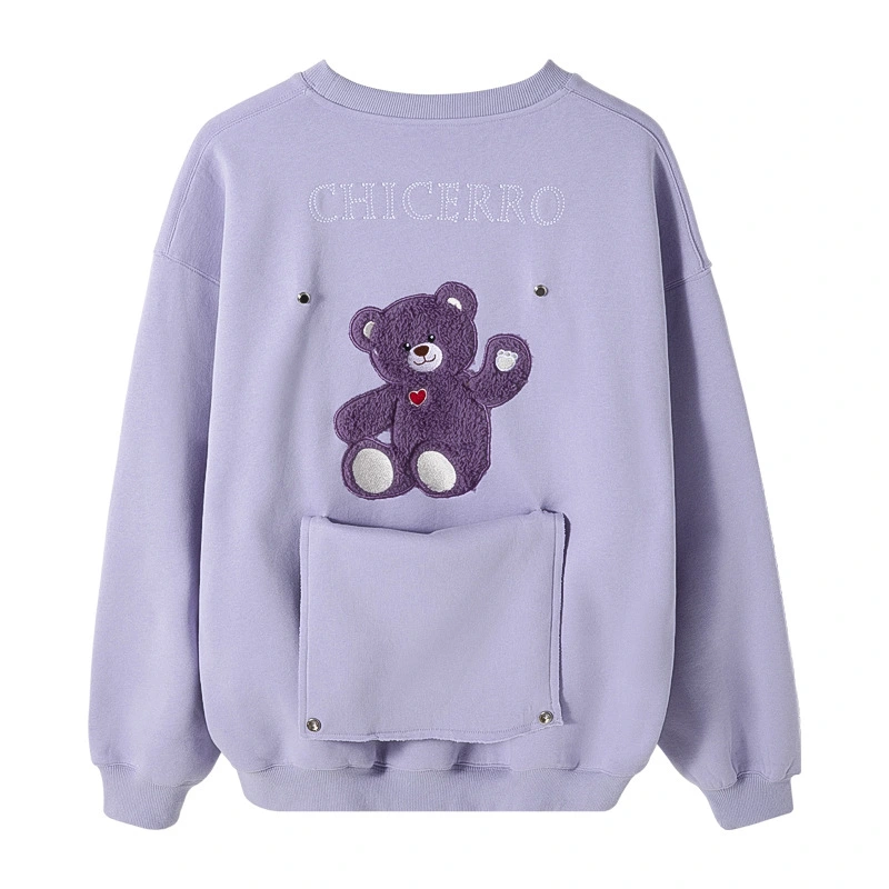 Turtleneck Long-sleeved Top Design Sense Of Flocking Letters On The Back Cute Bear Loose Round Neck Sweater