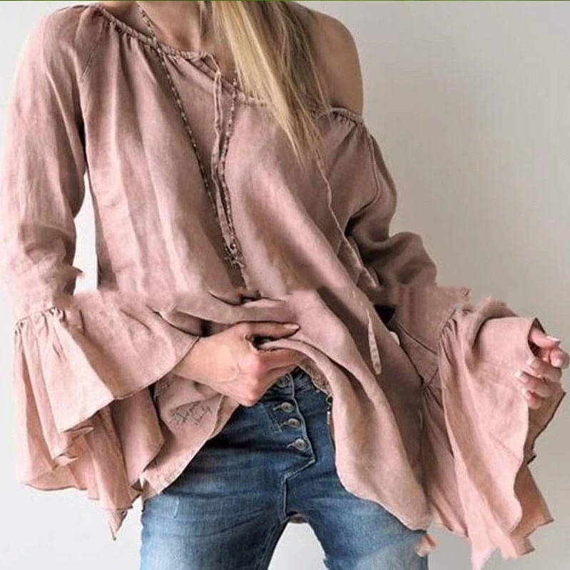 Neckline Tie Cotton And Linen Solid Color Loose Flared Sleeve Top