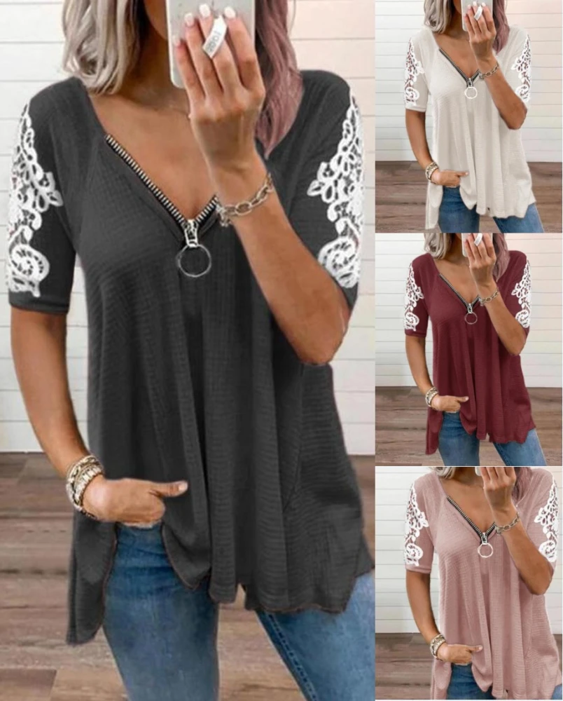V-neck Lace Short-sleeved Women's Zipper Top