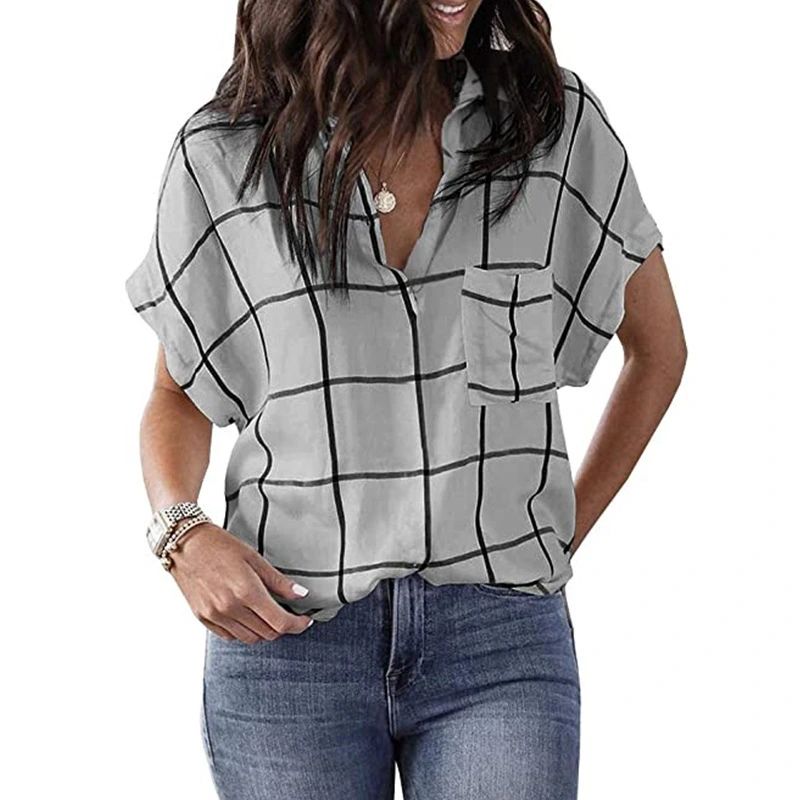 Check Print Pocket V-neck Short Sleeve Shirt