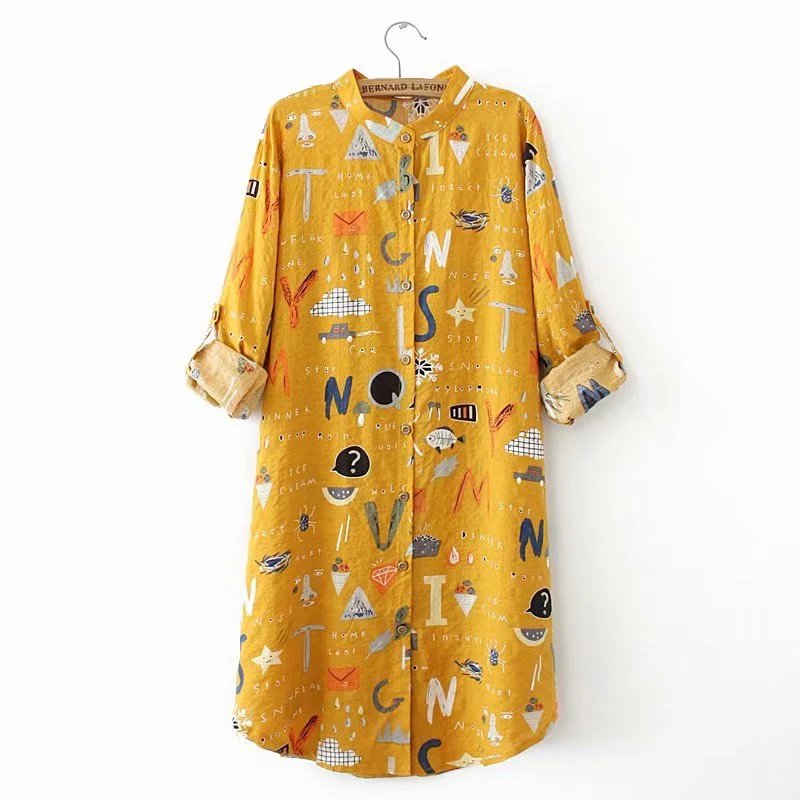 Autumn Women's Loose Large Size Reduction Age Cartoon Print Mid-length Long-sleeved Shirt