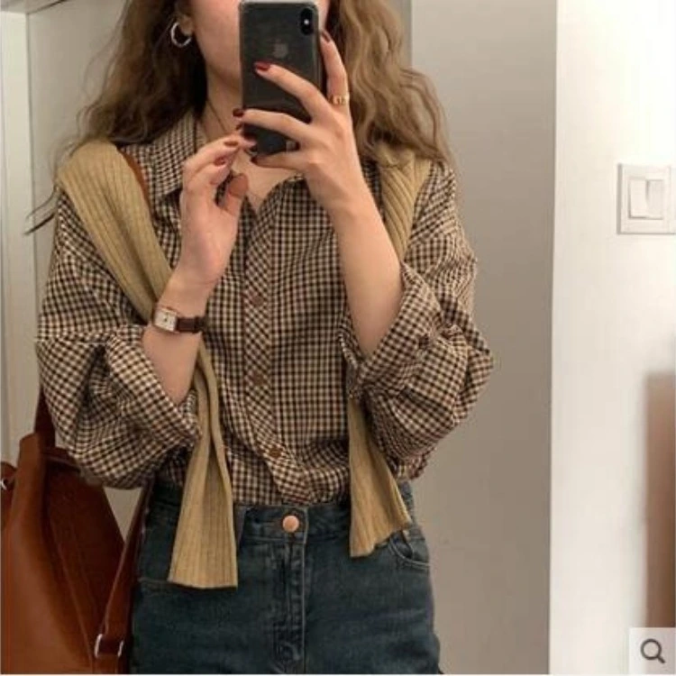 Retro Fashion Plaid Print Brown Loose And Thin Lapel Long-sleeved Bottoming Shirt For Women