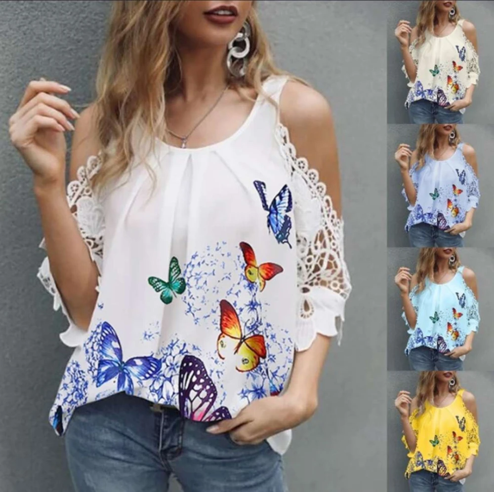 New Women's Butterfly Print Off-Shoulder Top