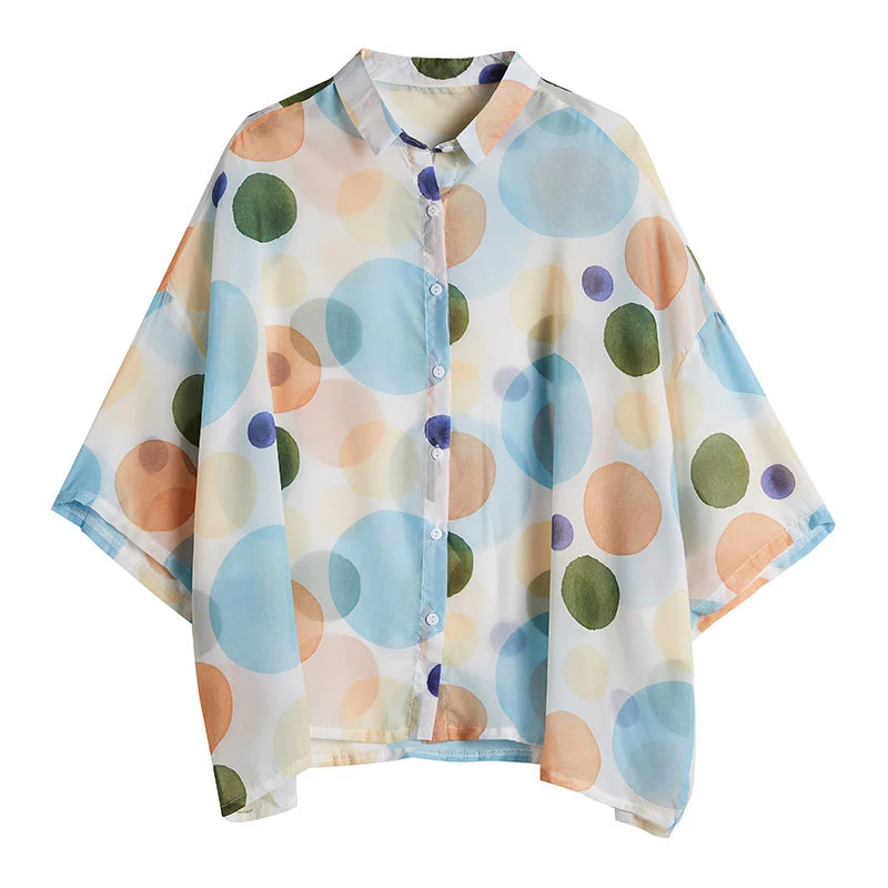 Summer New Large Size Chiffon Dot Sun Protection Shirt Bat Sleeve Small Shirt Women