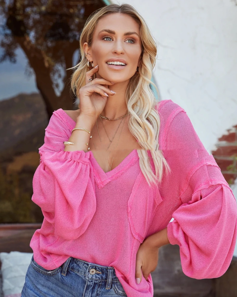 Women's Loose Pocket V-Neck Knitted Sweater Lantern Sleeve Top