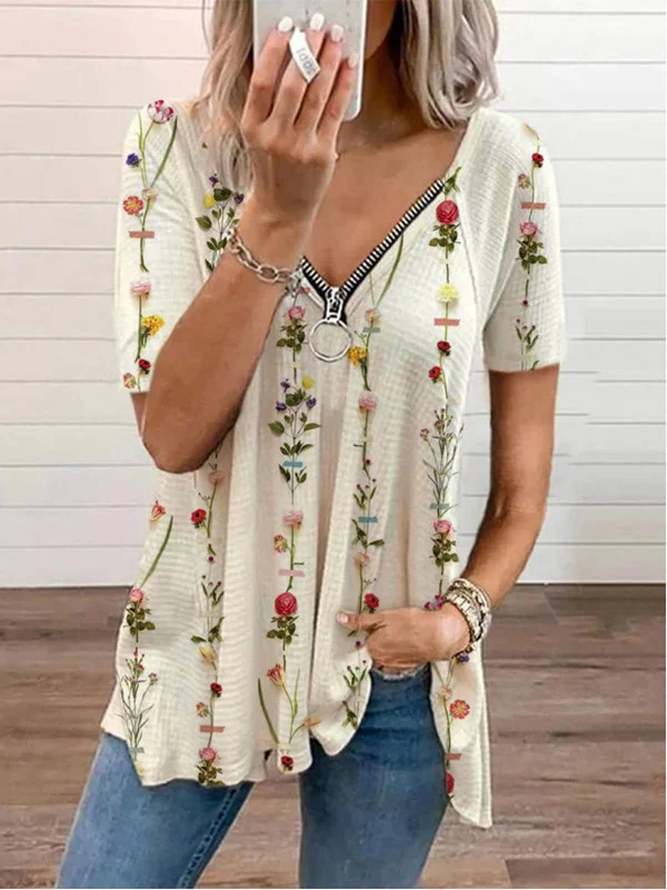 V-neck Zipper Retro Zipper Print Short Sleeves