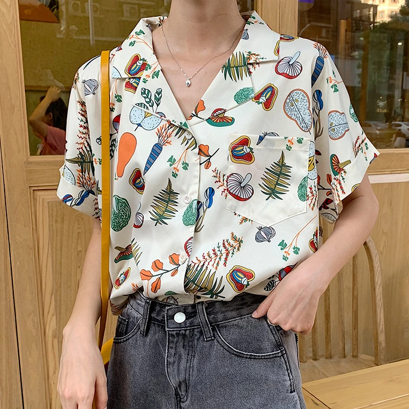 Design Hong Kong Style Loose Temperament Short-sleeved Shirt Loose And Versatile Printing