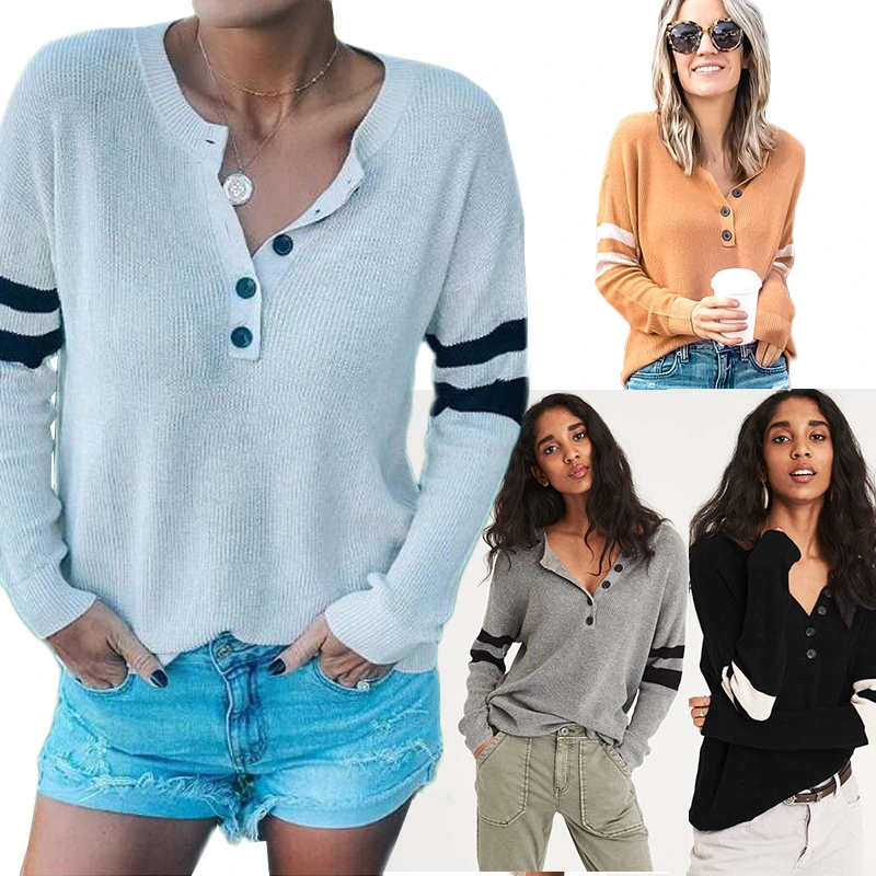 Button-decorated Stitching Long-sleeved Knitted Sweater