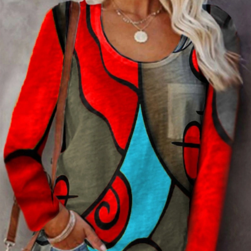 Casual Long-sleeved T-shirt Plus Size Color Matching Top