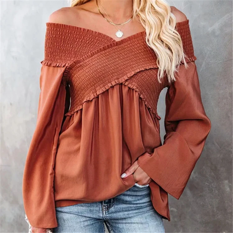 Sexy Wrought Face One-Shoulder Shirt New Loose Elastic Pleated Top