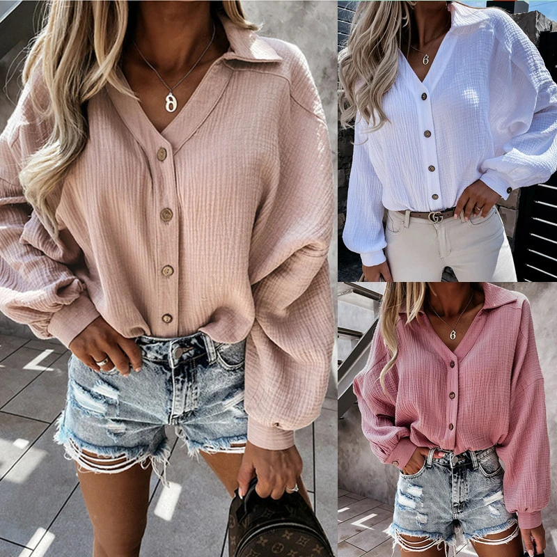 Women's V-neck Single-breasted Lantern Sleeve Solid Color Shirt