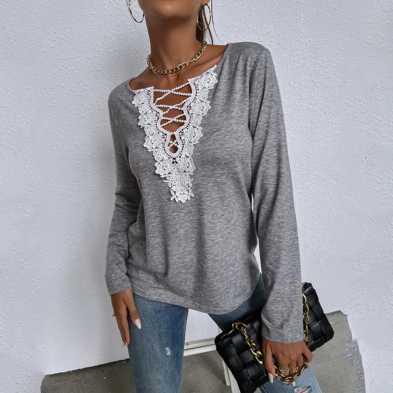Women's Loose Long-sleeved Shirt V-neck Pullover Solid Color Casual T-shirt