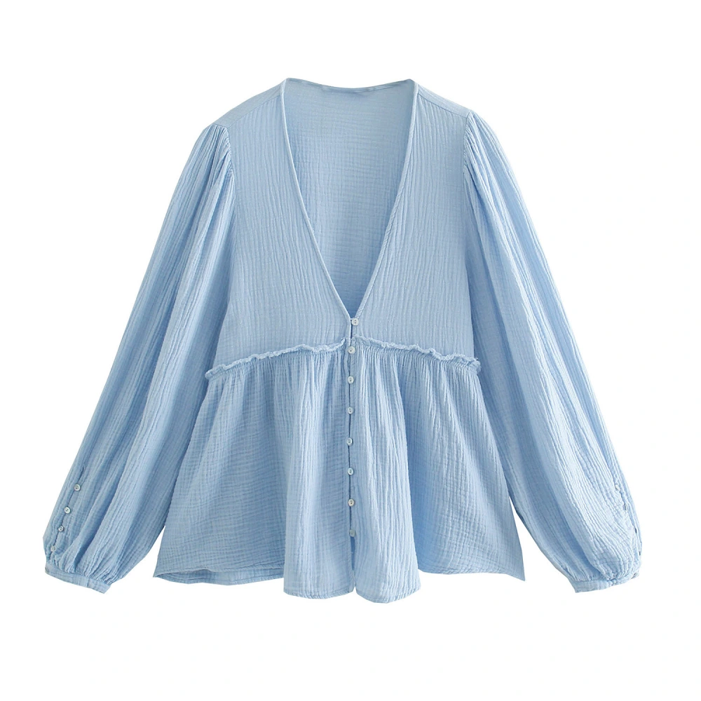 Women's Autumn Ruffled Hem V-neck Single-breasted Shirt