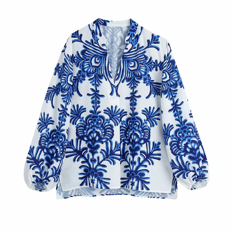 Retro-style Single-breasted Lapel Print Blue Long-sleeved Shirt
