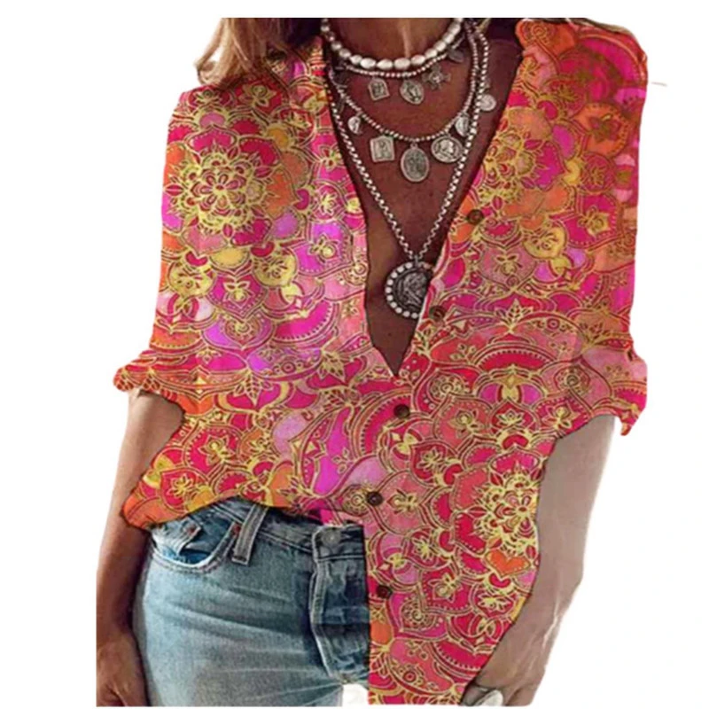 Summer And Autumn European And American Cross-border New Floral Long-sleeved Shirt