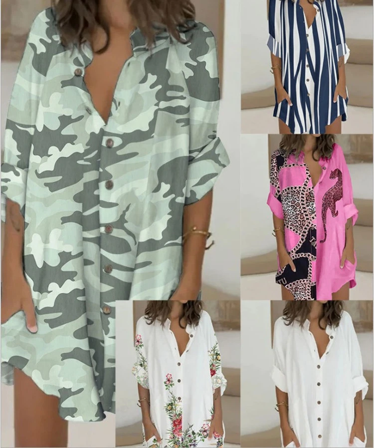 Women's Summer Fashion Print Trendy Shirt Loose Pocket Dress