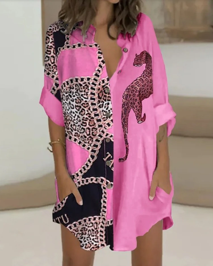 Women's Summer Fashion Print Trendy Shirt Loose Pocket Dress
