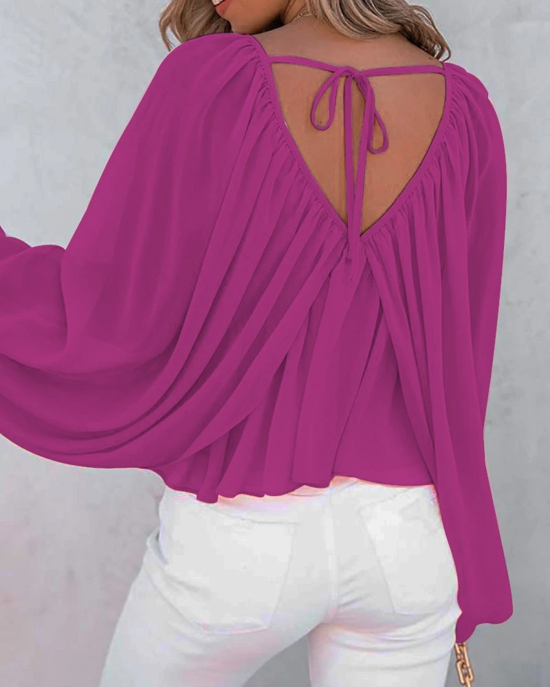 Solid V-Neck Long Sleeve Casual Top Women's Shirt