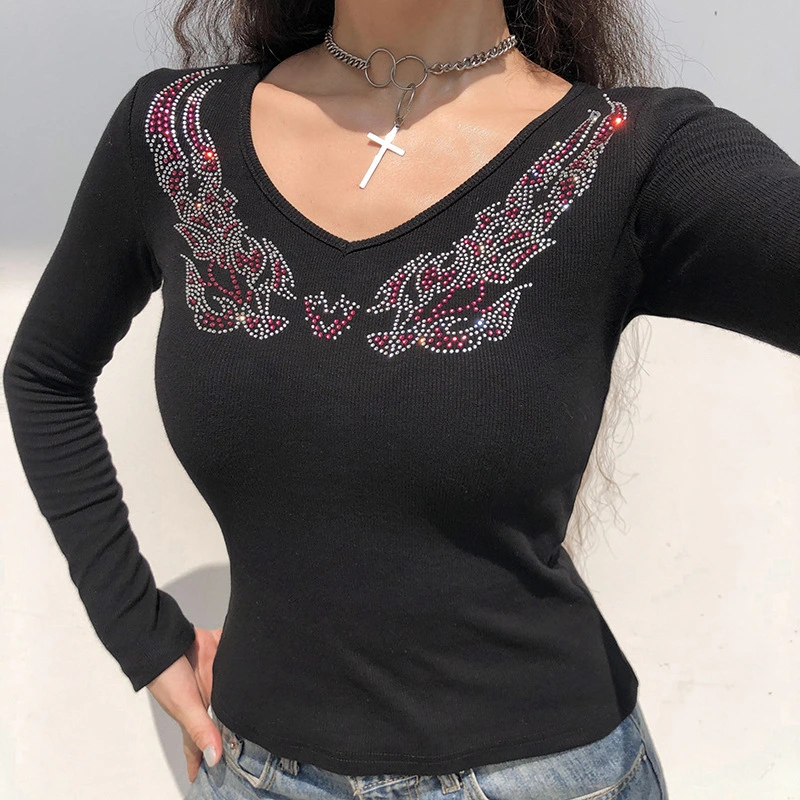 Slim-fit Printed Hot-stamping Rhinestone V-neck Long-sleeved T-shirt Top Women