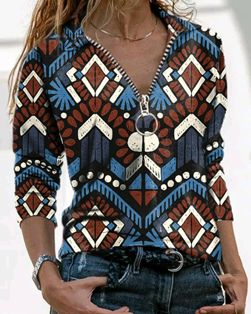 European And American Autumn And Winter Retro Printing Long-sleeved V-neck Zipper Casual Pullover Top