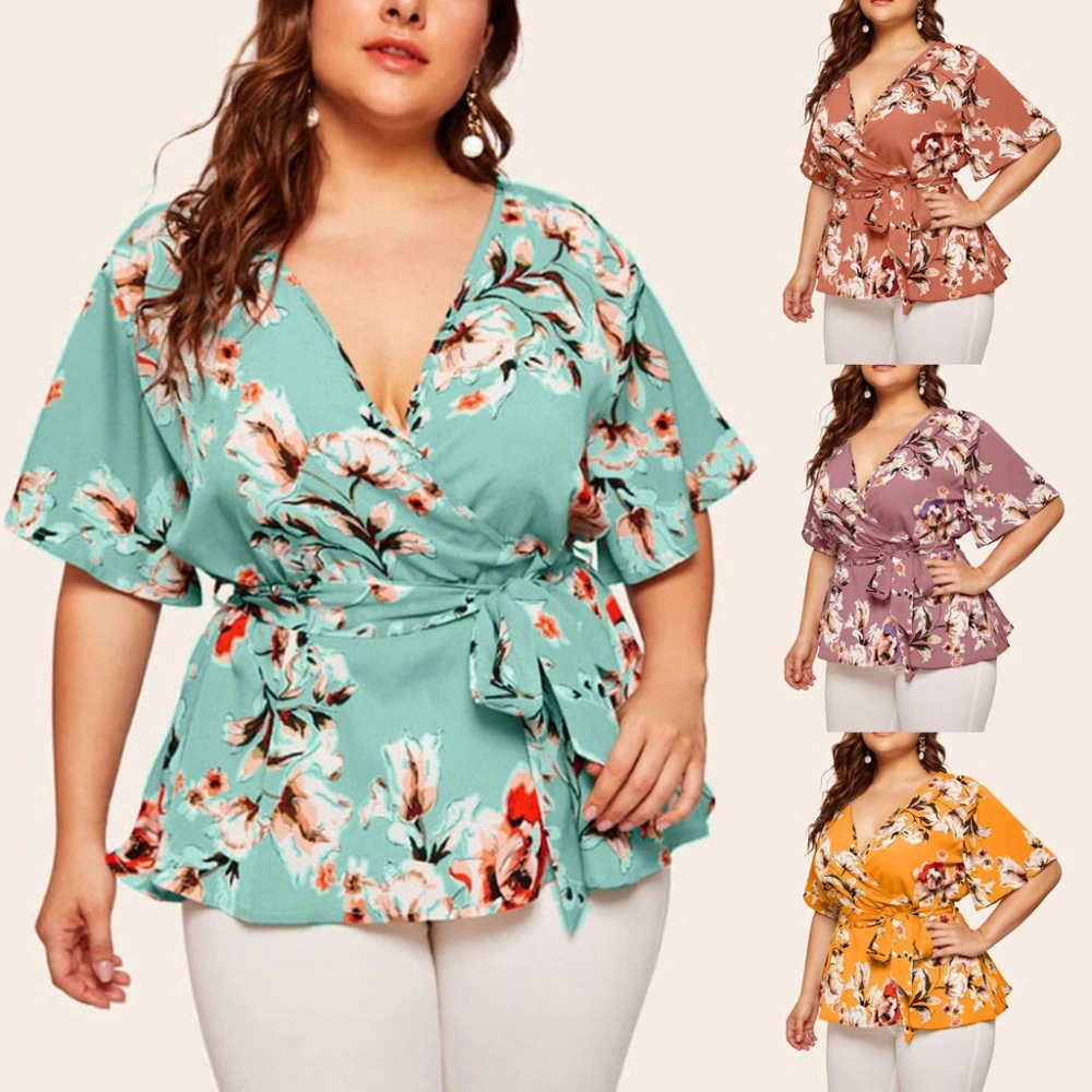 Women's Plus Size V-neck Short-sleeved Printed Waist-tied Loose Chiffon Top