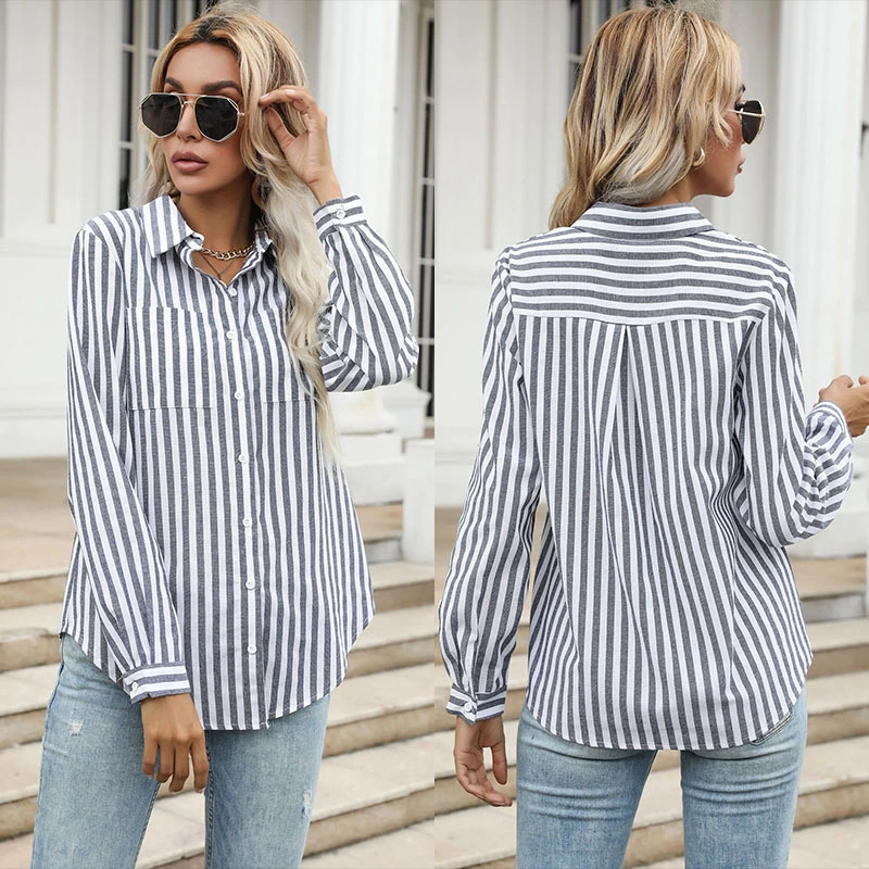 New European And American Women's Vertical Striped Lapel Long-sleeved Shirt