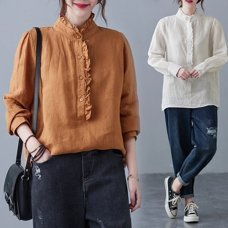 Art Retro Cotton And Linen Shirt Plus Size Ladies White Casual Long Sleeved Pullover Lace Shirt