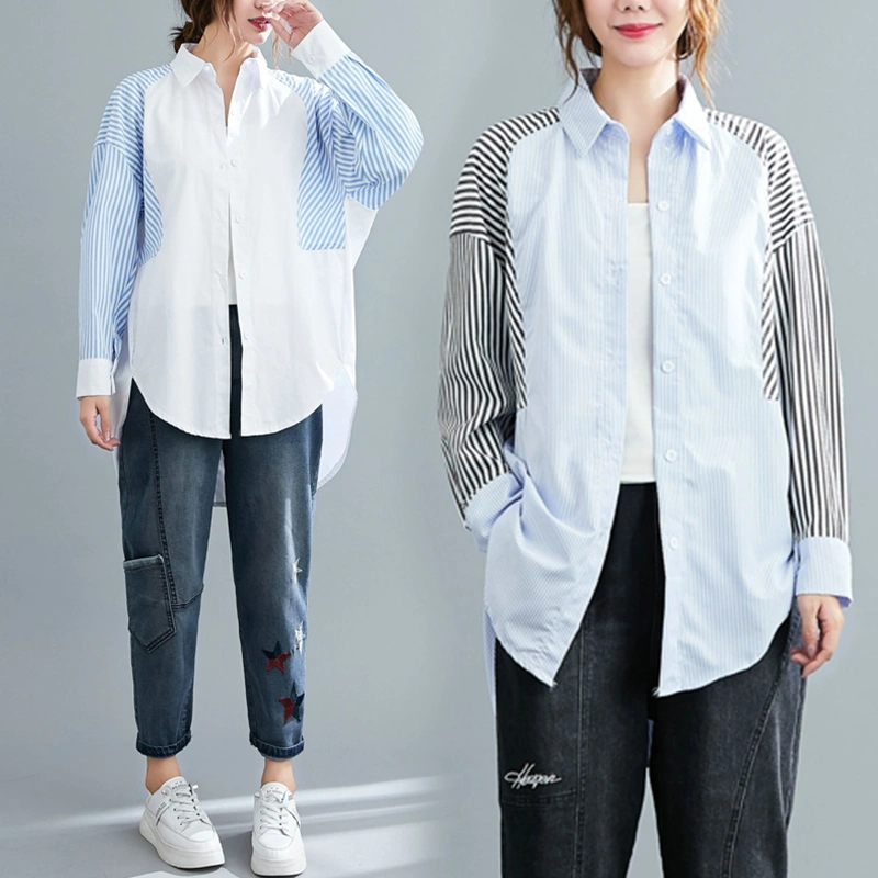 Plus Fat Striped Stitching Shirt Fat MM Plus Size