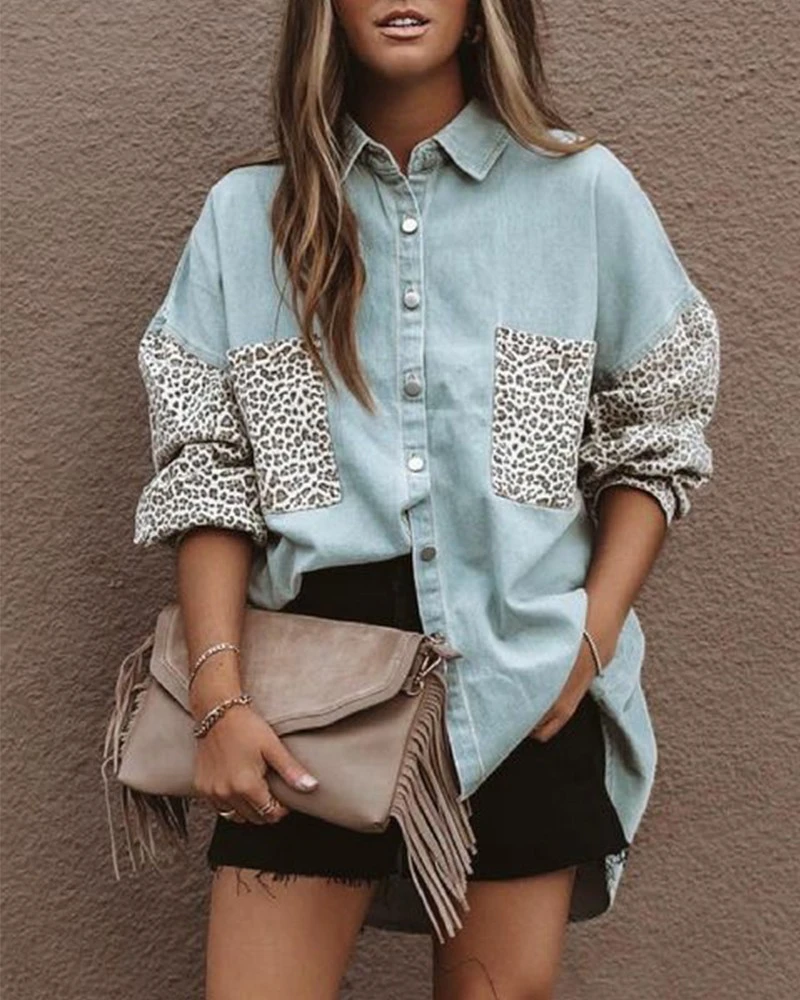 Women's Long-sleeved Pocket Leopard Print Stitching Denim Jacket