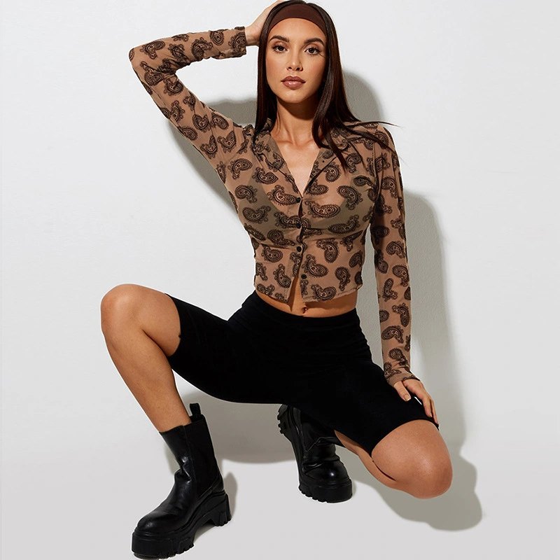Single Breasted Lapel Cardigan Fashion Print Temperament Slim Fashion T-shirt