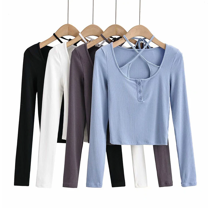 Tie Rope Fake Two Long Sleeve Round Neck Single Breasted Short T-shirt Women
