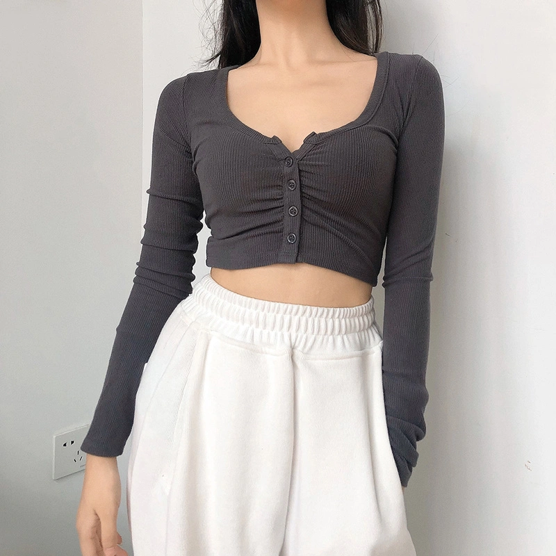 Autumn Pullover Round Neck Long-sleeved Single-breasted Women's Umbilical T-shirt
