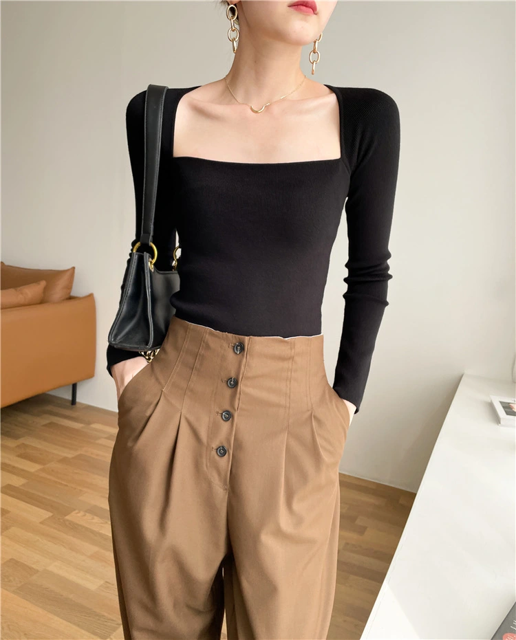 French Square Collar Exposed Collarbone Slim Slimming Knit Sweater With Top