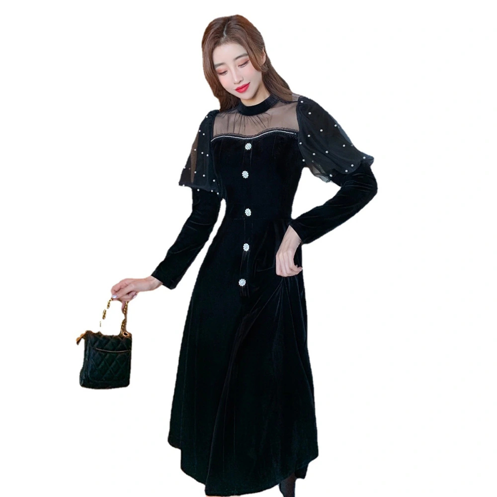French Retro Hepburn Style Gold Velvet Dress Women