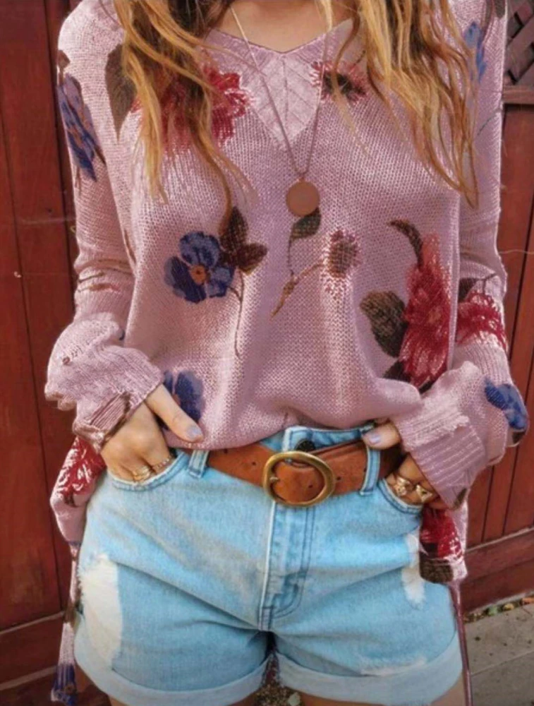 Printed V Neck Long Sleeved Loose Fitting Shirt