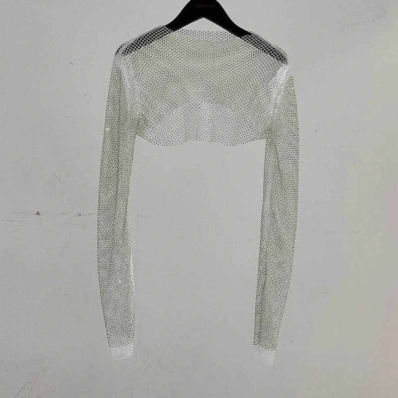 Rhinestone Crystal Long-sleeved Shiny Net Shirt With Full Rhinestones And Top
