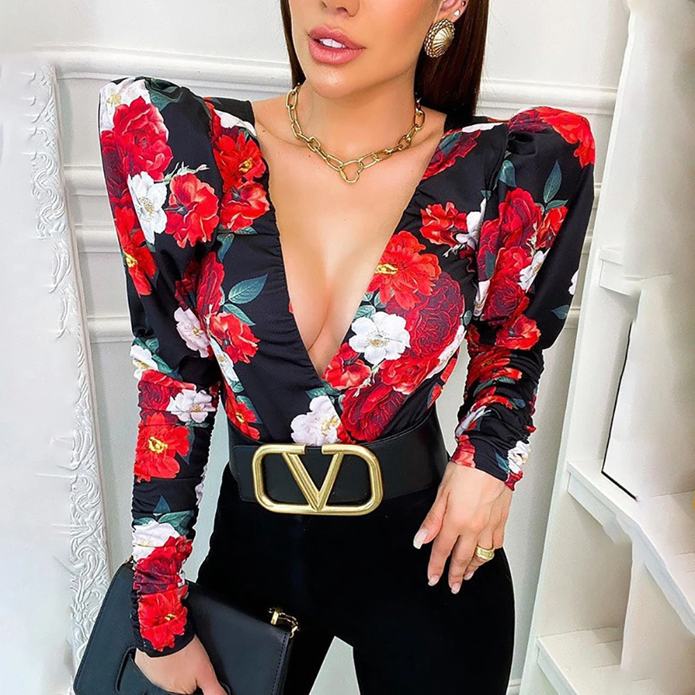 Sexy V-neck Printed Bottoming Shirt Slim Long-sleeved Top