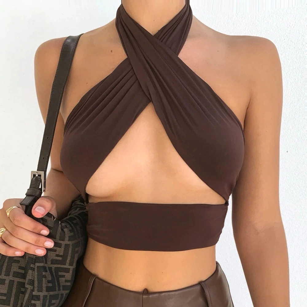 Halter Neck Wrap Top Solid Color Hollow