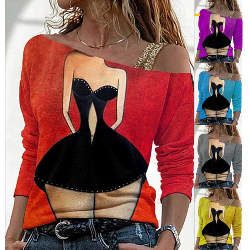 Fashion Women's Printed Diagonal Collar Long-sleeved T-shirt