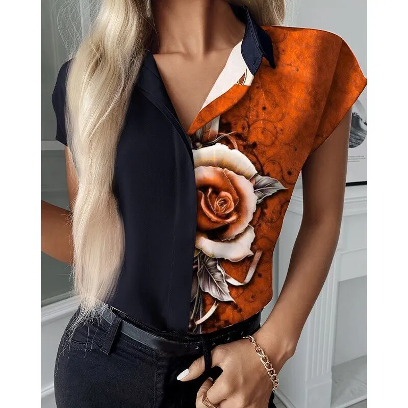 Fashionable Women's Fit Double Color Matching Lapel Shirt
