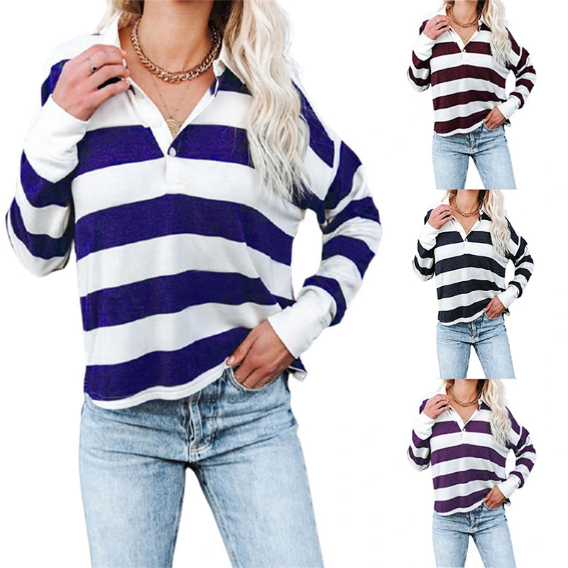 Ladies Striped Print Lapel Collar Button Long Sleeve T-Shirt