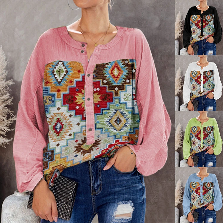 Round Neck Button Retro Print Long Sleeve Ladies Blouse