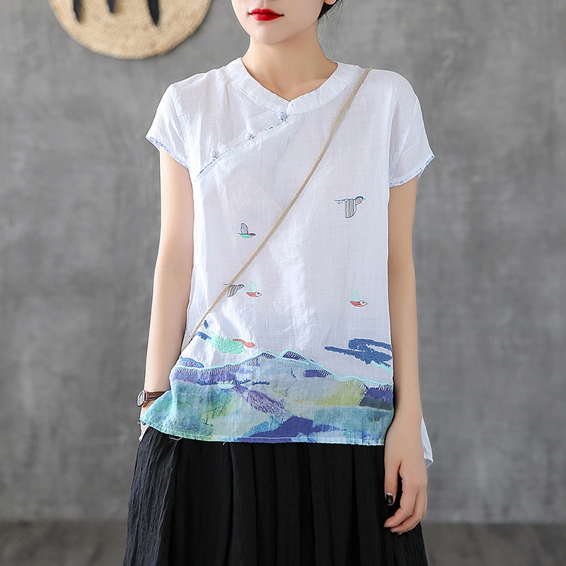 Chinese Style Cotton And Linen Short Sleeve T-shirt For Ladies